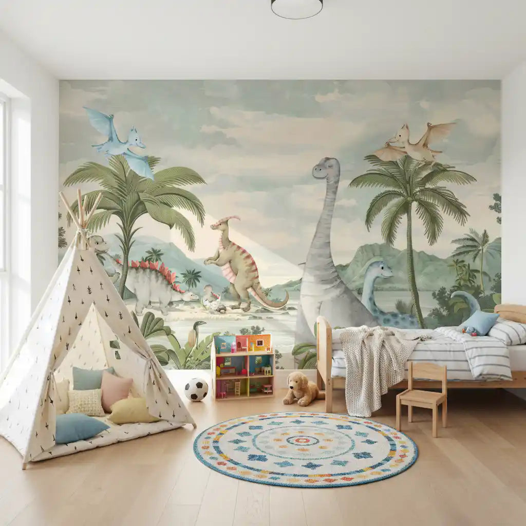 Soft watercolour prehistoric wll mural with palms, ferns, and dusty blue dinosaurs., GD10180