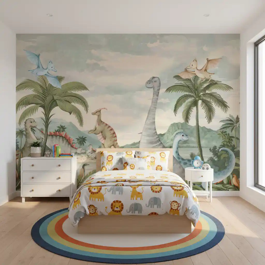 Tall long-necked dinosaur wall mural with lush ferns and a feathery palm tree., GD10180