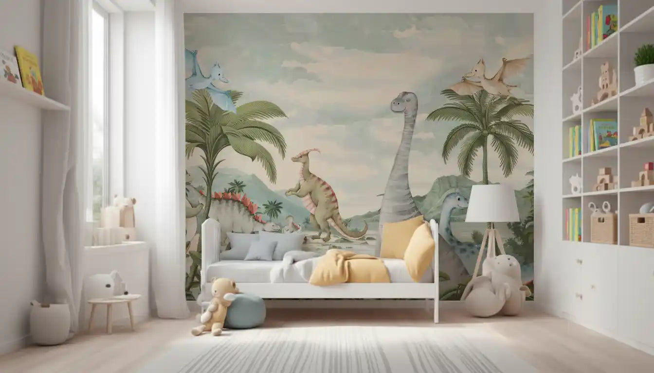Spiky stegosaurus wall mural with green ferns near a quiet lagoon., GD10180