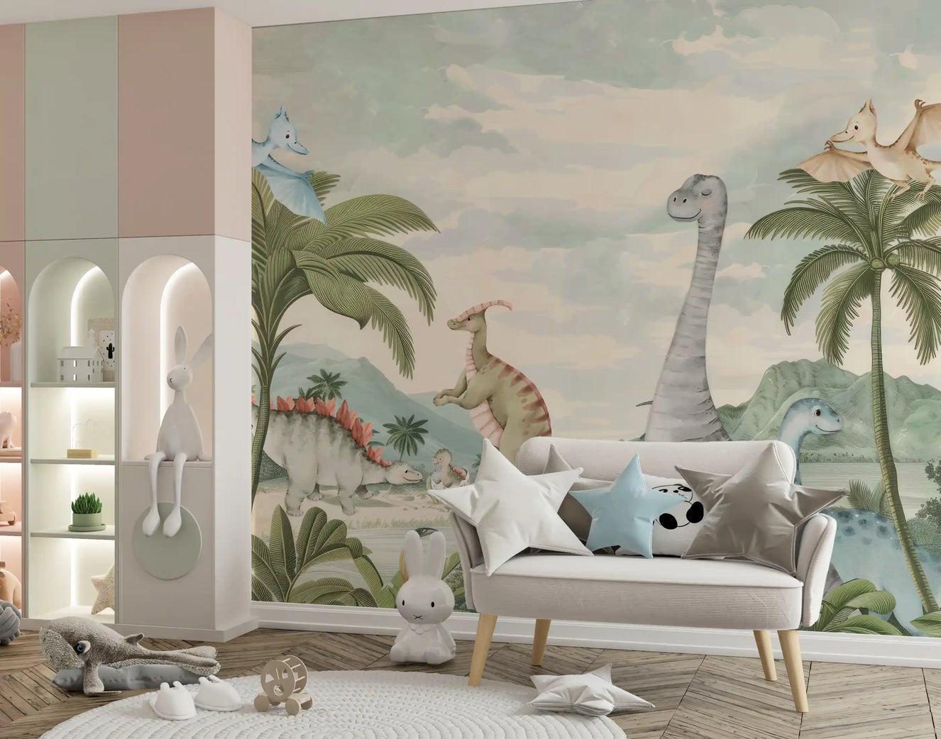 Watercolour dinosaur mural showing pterodactyls flying over misty green mountains.