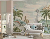 Watercolour dinosaur mural showing pterodactyls flying over misty green mountains., GD10180