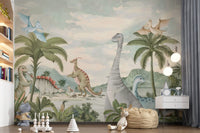 Blue pterodactyl gliding past tall palm fronds in a pale cloudy sky wall mural., GD10180