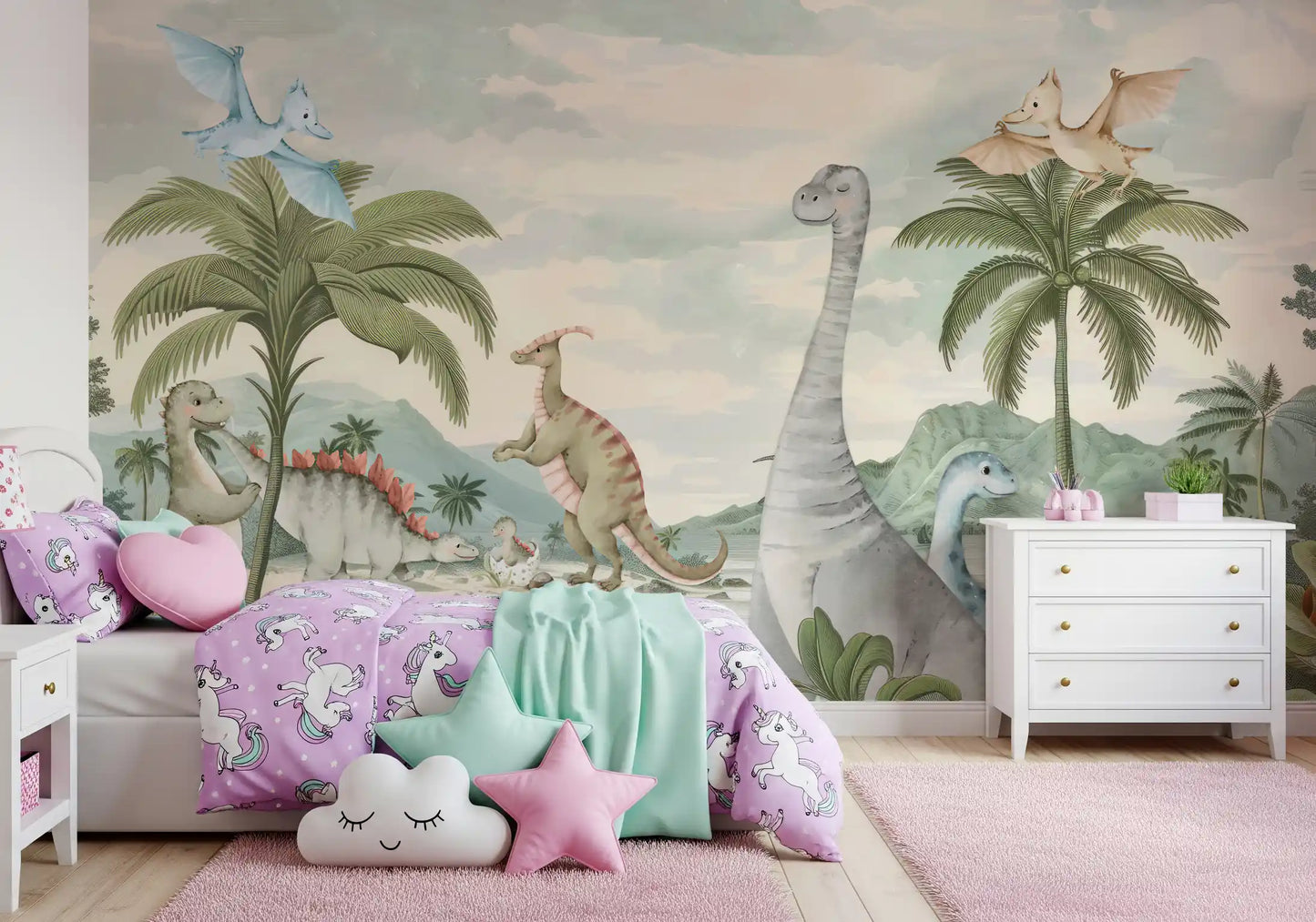 Dinosaur jungle mural on a girls bedroom feature wall in soft muted tones, GD10180