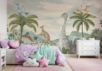Dinosaur jungle mural on a girls bedroom feature wall in soft muted tones, GD10180