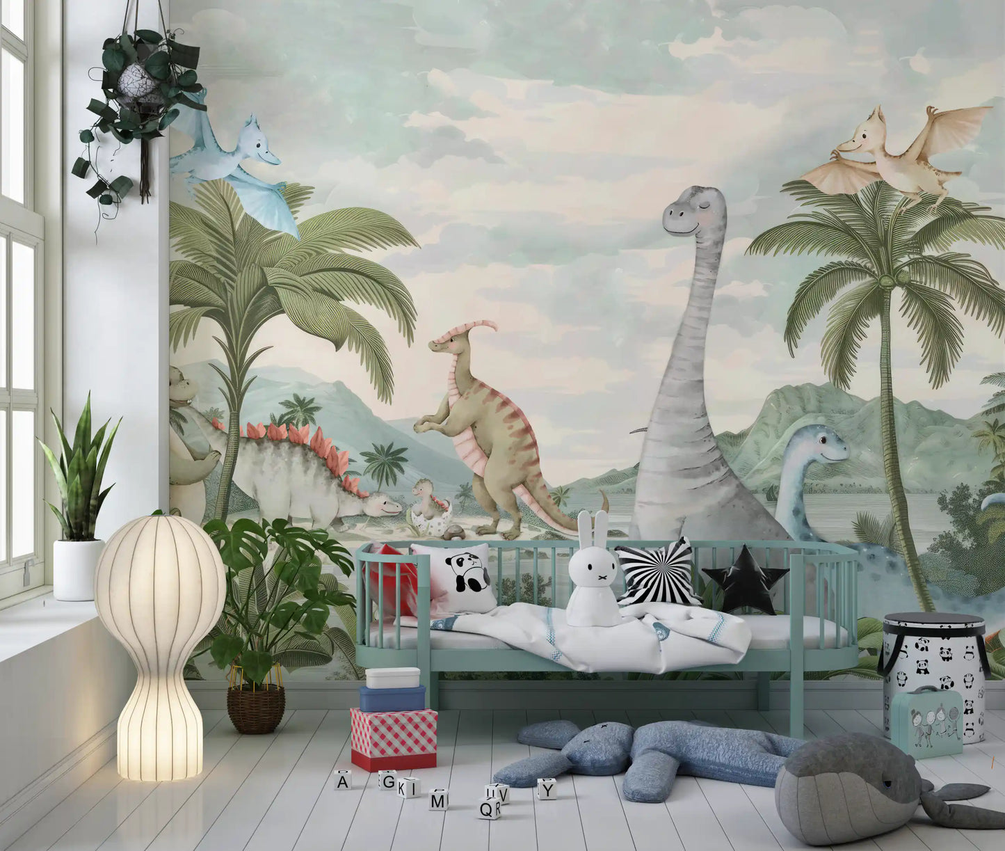 Wall mural with Friendly stegosaurus and a baby dino hatching near a calm sandy shore., GD10180