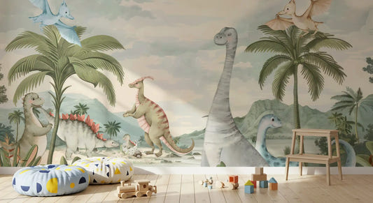 Dinosaur wall mural with a long-necked stegosaurus, and palm trees by a lagoon in nursery.
