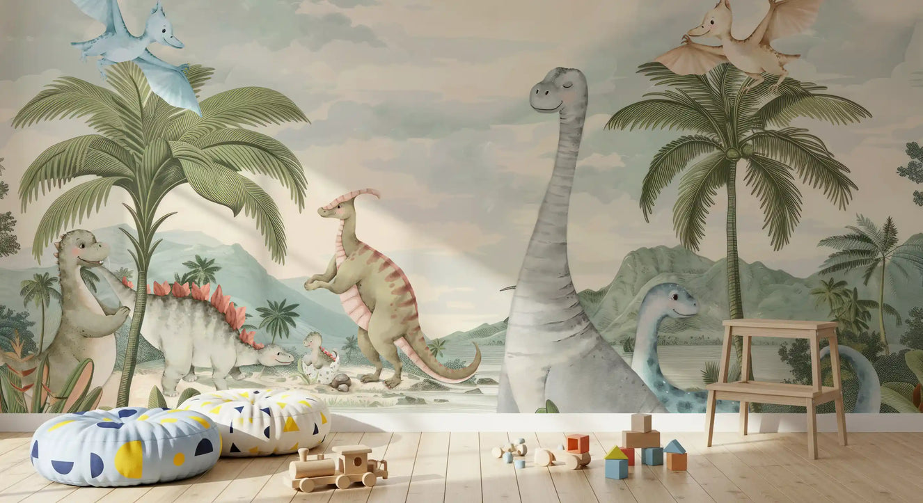 Dinosaur wall mural with a long-necked stegosaurus, and palm trees by a lagoon in nursery.