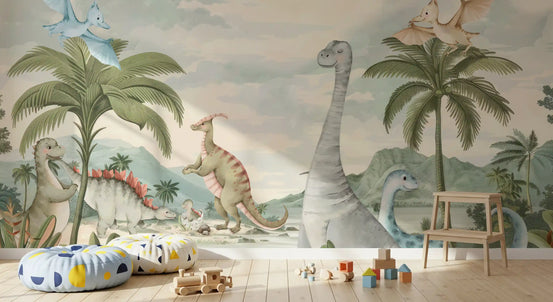 Dinosaur wall mural with a long-necked stegosaurus, and palm trees by a lagoon in nursery., GD10180