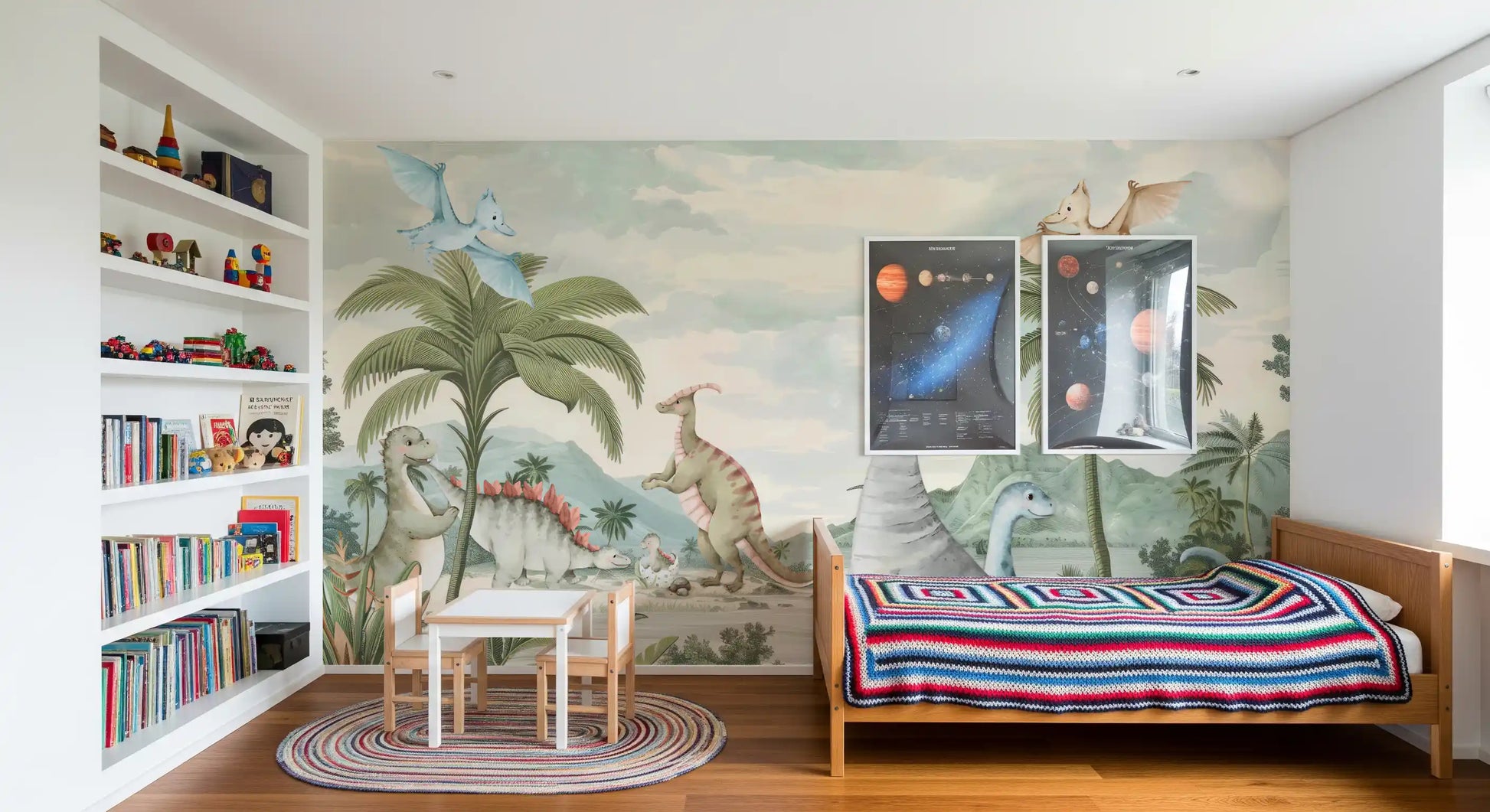 Kids bedroom wall mural with Pink-frilled dinosaur reaching up beside misty layered mountains., GD10180