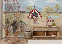 Whimsical carnival day mural styled as a calm nursery feature wall., GD10181