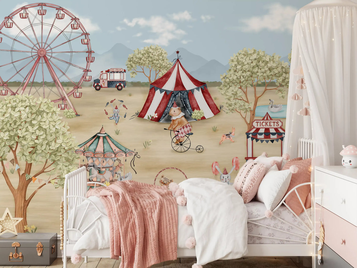 Muted dusty-red, sage, and cream carnival mural with a rocking horse and swan pond., GD10181