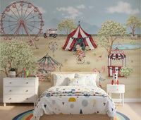 Watercolour carnival day wall mural with a pink Ferris wheel, big-top tent, and carousel in bedroom., GD10181