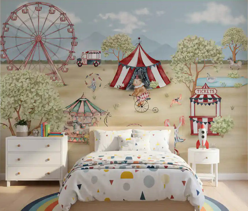 Watercolour carnival day wall mural with a pink Ferris wheel, big-top tent, and carousel in bedroom., GD10181