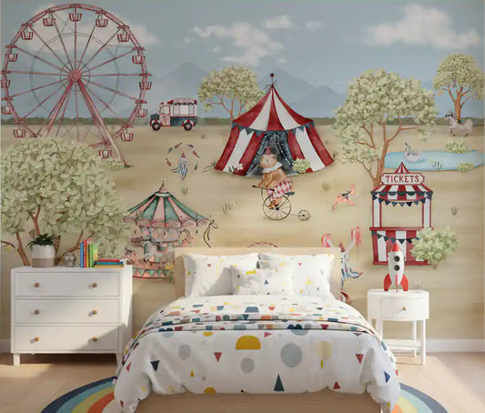Watercolour carnival day wall mural with a pink Ferris wheel, big-top tent, and carousel in bedroom.