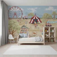Soft watercolour fairground mural shown on a kids' bedroom wall., GD10181