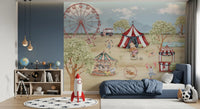 Bunny balancing on a striped ball near a small ticket booth on a fairground mural., GD10181