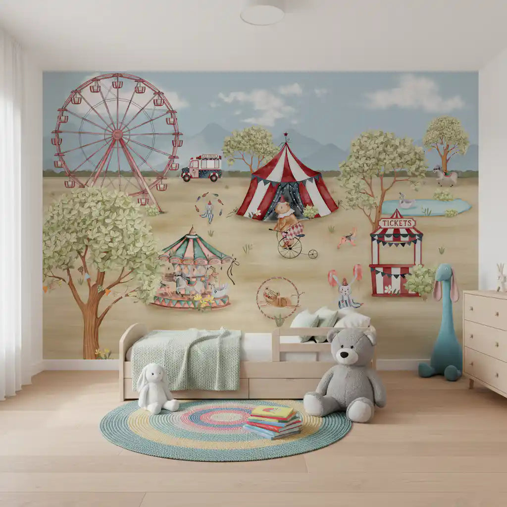 Soft watercolour fairground mural with a striped tent and pale mountains in the distance., GD10181