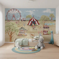 Soft watercolour fairground mural with a striped tent and pale mountains in the distance., GD10181