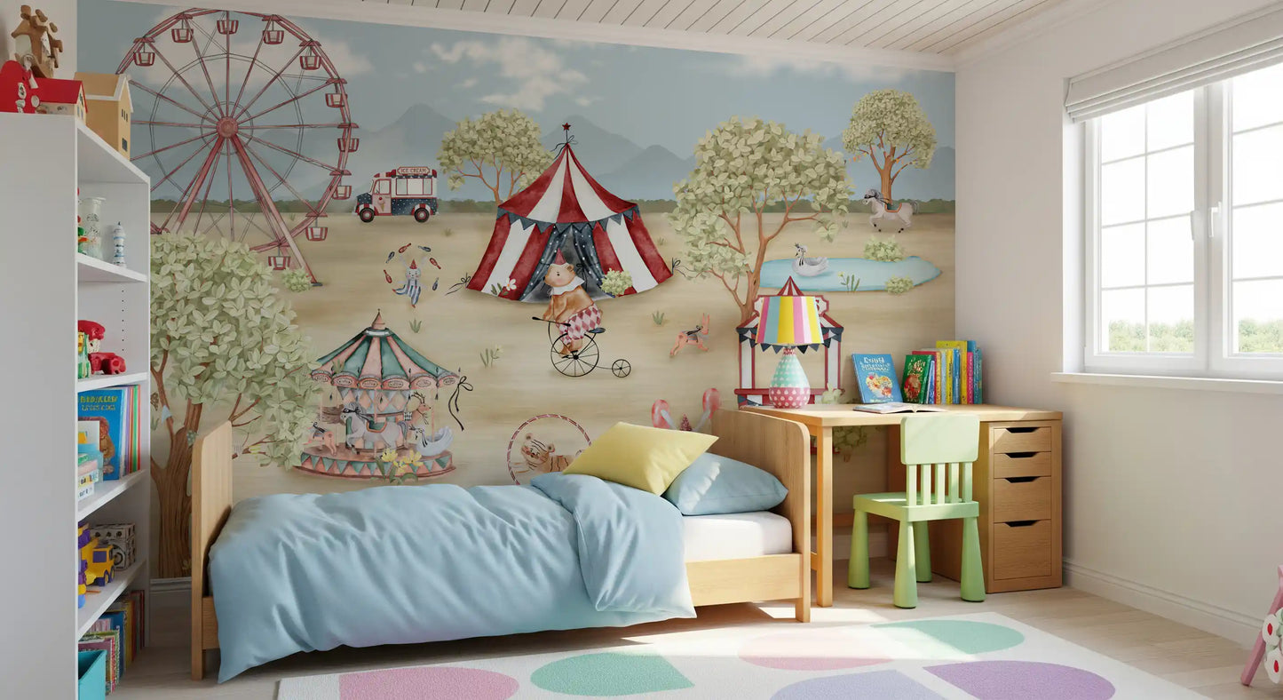 Juggling rabbit clown tossing pins beside a spinning carousel in a watercolour wall mural, GD10181