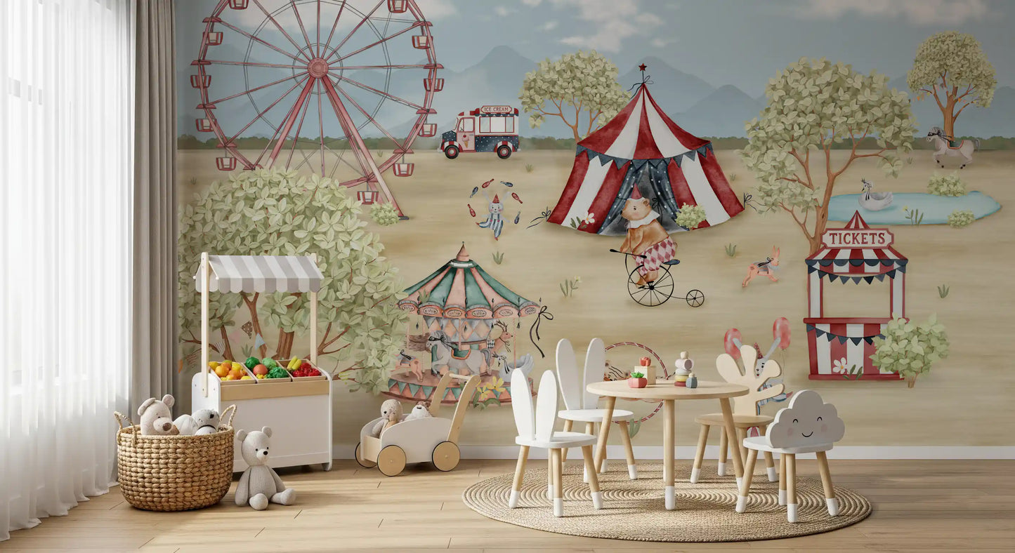 Tiger leaping through a hoop and an ice cream van in a pastel carnival scene mural., GD10181