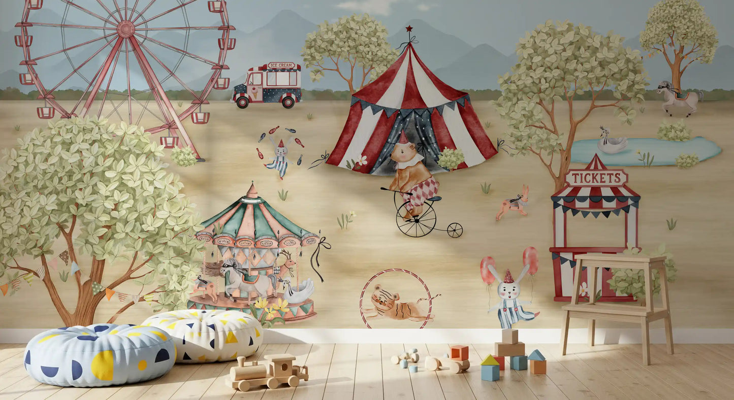 Pink Ferris wheel and big-top tent under a calm blue sky in a soft fairground mural in nursery., GD10181
