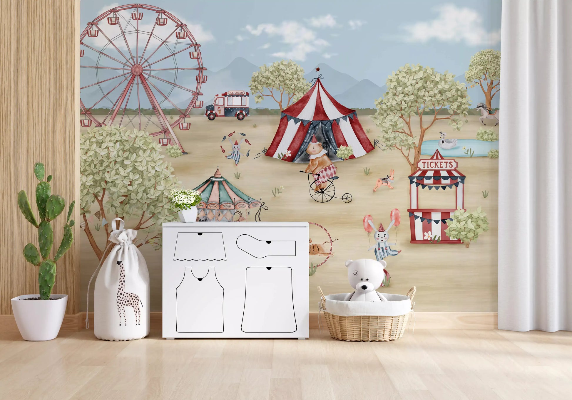 Little bear in a ruffled collar riding a vintage cycle on a whimsical carnival mural., GD10181