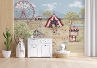 Little bear in a ruffled collar riding a vintage cycle on a whimsical carnival mural., GD10181