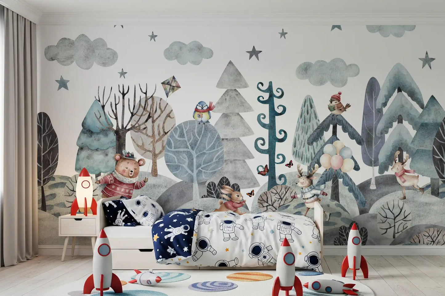 Bedroom wall mural showing a watercolour winter forest with birds and bare trees., GD10182