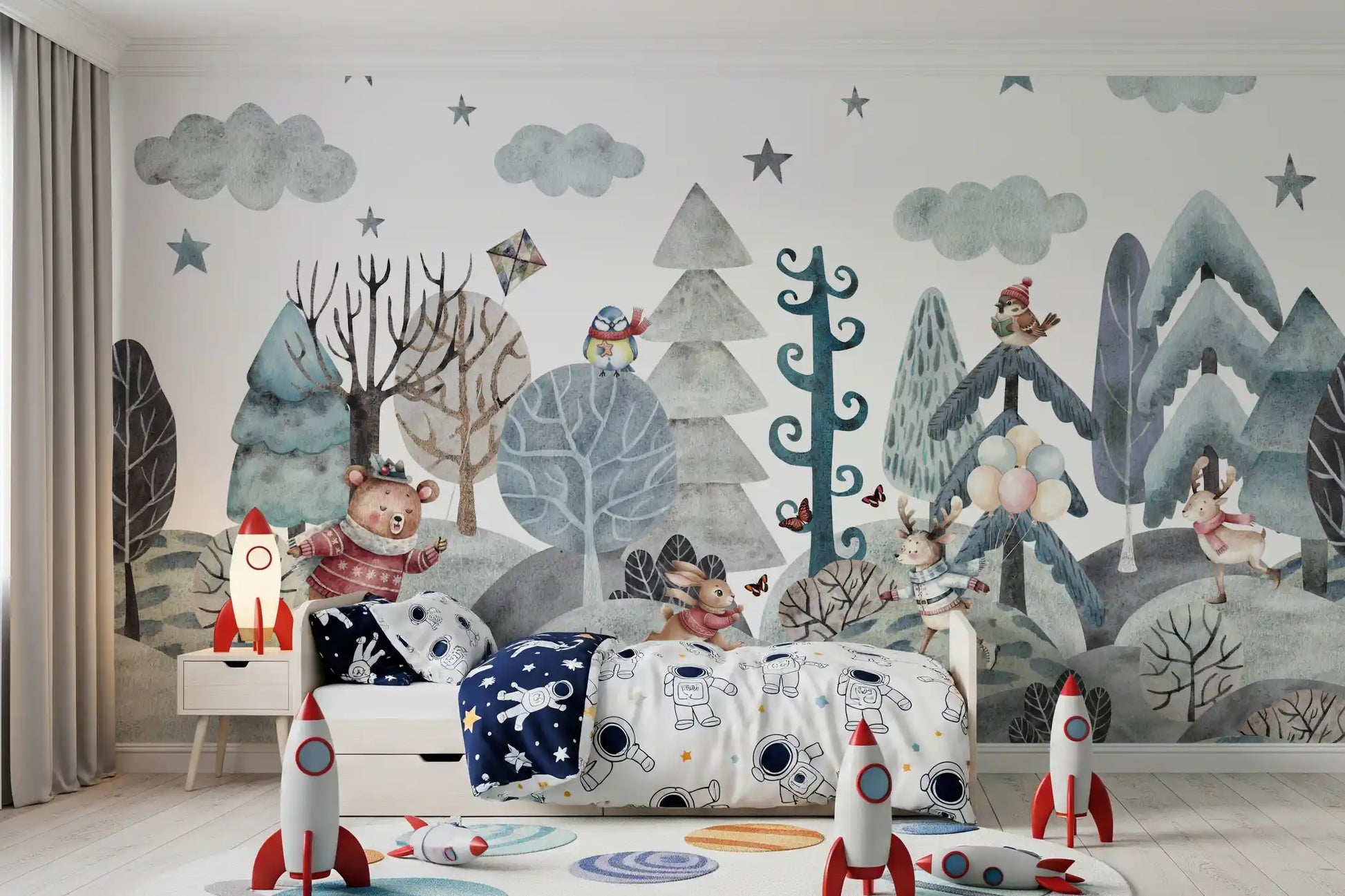 Bedroom wall mural showing a watercolour winter forest with birds and bare trees., GD10182