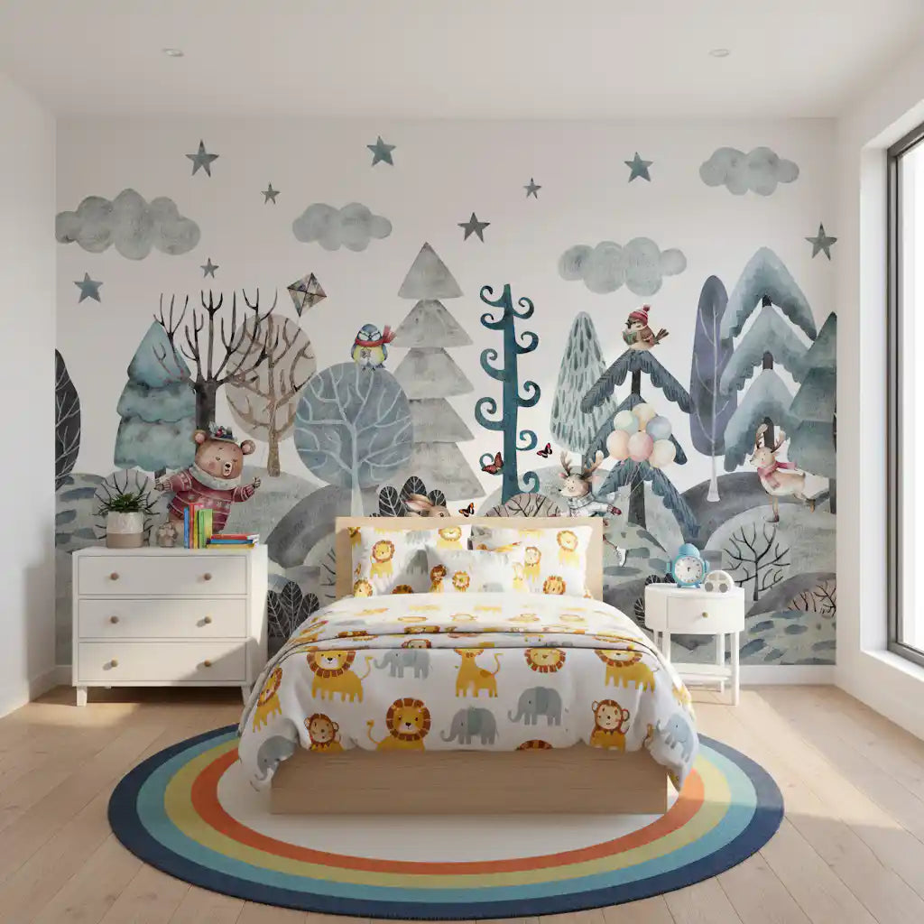 Children's room mural with a whimsical winter forest of bears, deer and birds., GD10182