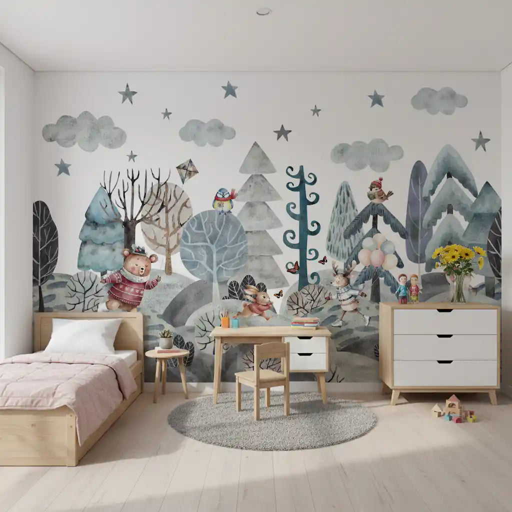 Section of the woodland mural showing snowy hills, bare bushes and a running rabbit., GD10182