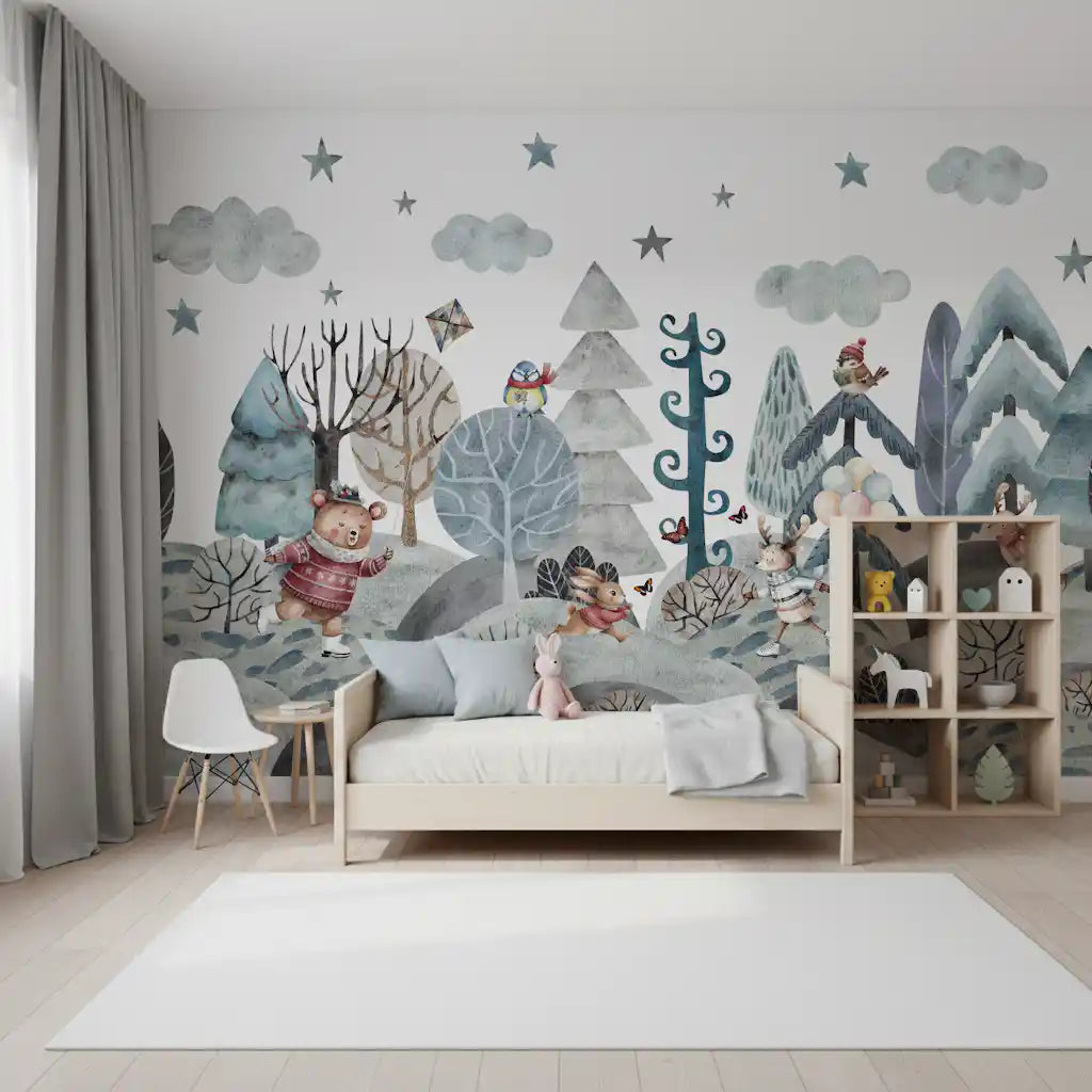 Toddler room wall mural with skating woodland animals under grey stars and soft clouds., GD10182