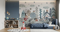 Kids bedroom feature wall with a winter woodland mural of animal friends and pastel balloons, GD10182