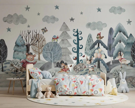Whimsical winter woodland wall mural with a watercolour bear skating past frosted pine trees in kids bedrom.