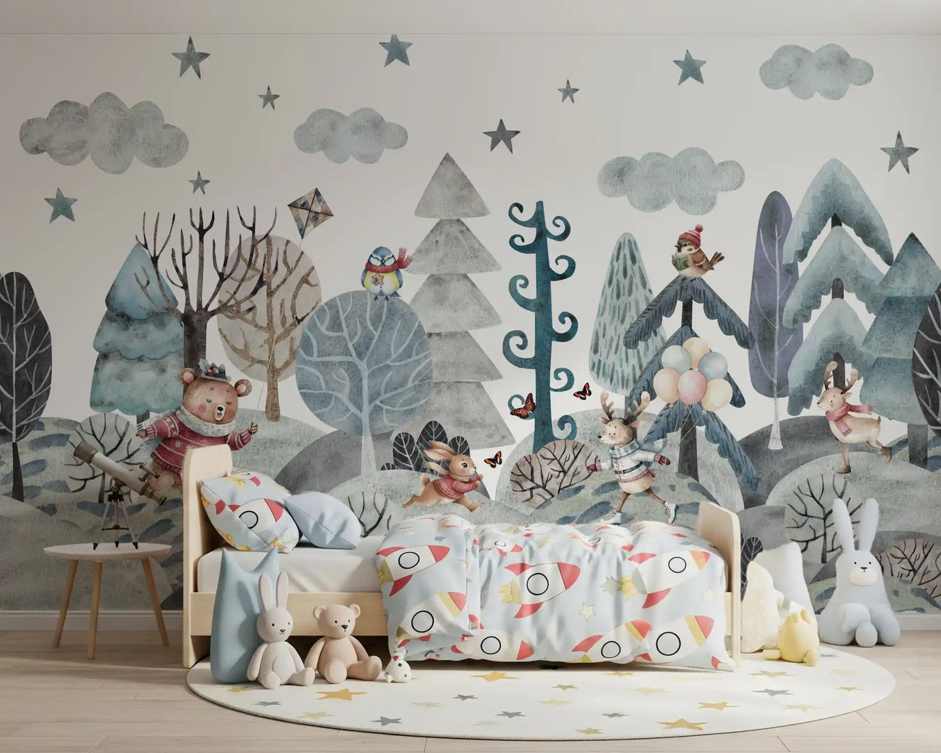 Whimsical winter woodland wall mural with a watercolour bear skating past frosted pine trees in kids bedrom.