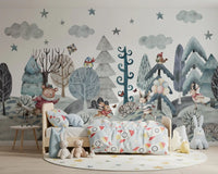 Whimsical winter woodland wall mural with a watercolour bear skating past frosted pine trees in kids bedrom., GD10182