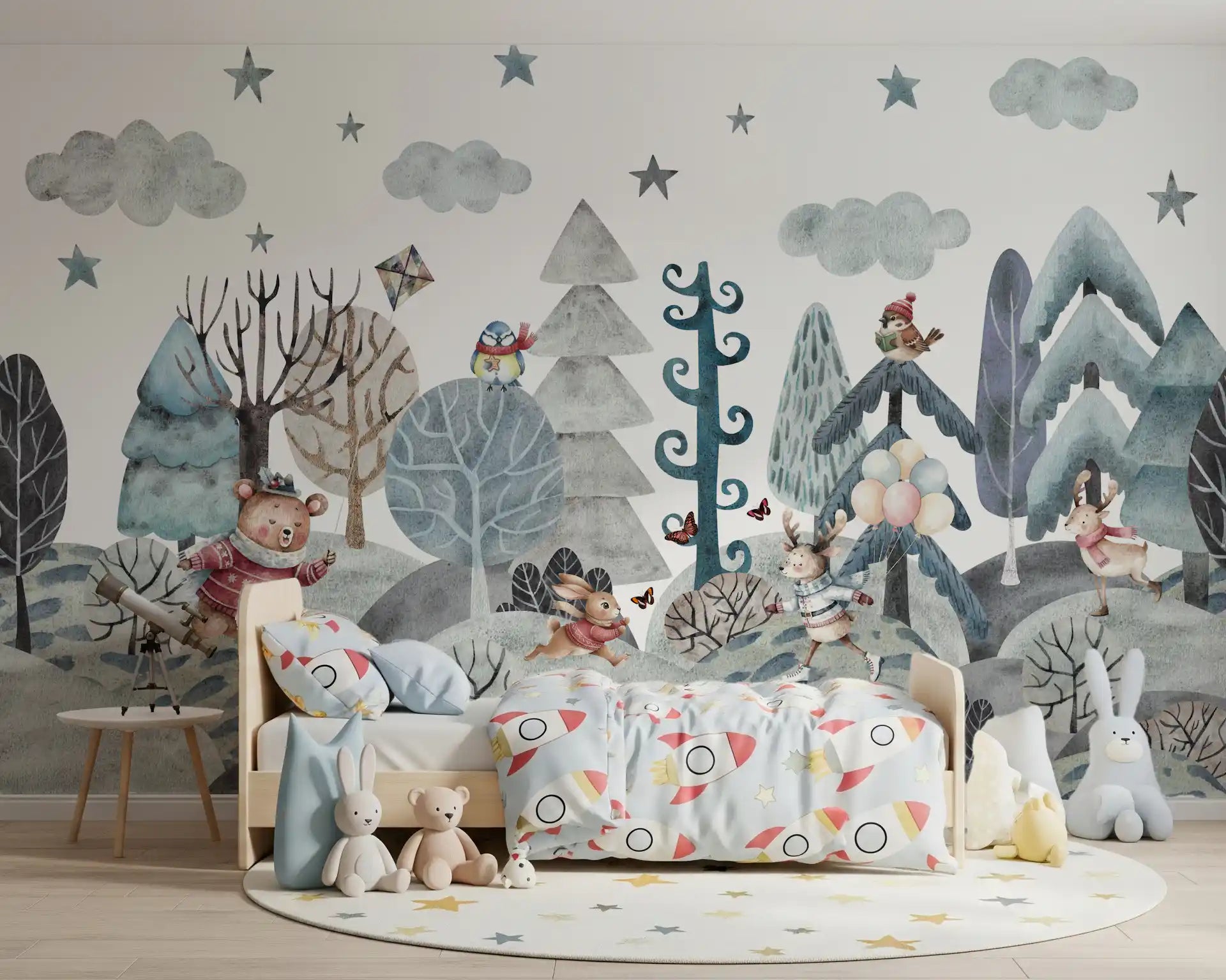 Whimsical winter woodland wall mural with a watercolour bear skating past frosted pine trees in kids bedrom., GD10182