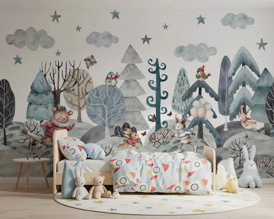 Whimsical winter woodland wall mural with a watercolour bear skating past frosted pine trees in kids bedrom., GD10182
