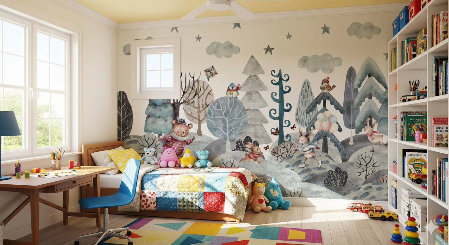 Grey and teal woodland mural with a curly spiral tree, kite and pastel balloons., GD10182