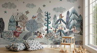 Watercolour forest mural with a striped-jumper deer skating between snowy trees., GD10182