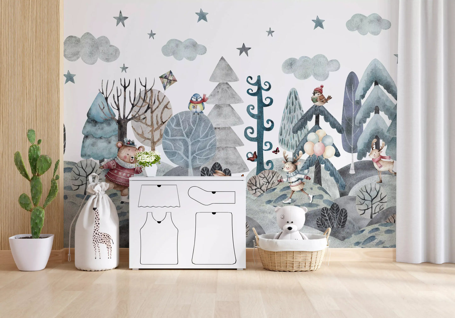 Winter woodland mural on a nursery wall showing scarf-wearing deer and rabbits in grey and blue, GD10182