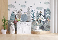 Winter woodland mural on a nursery wall showing scarf-wearing deer and rabbits in grey and blue, GD10182