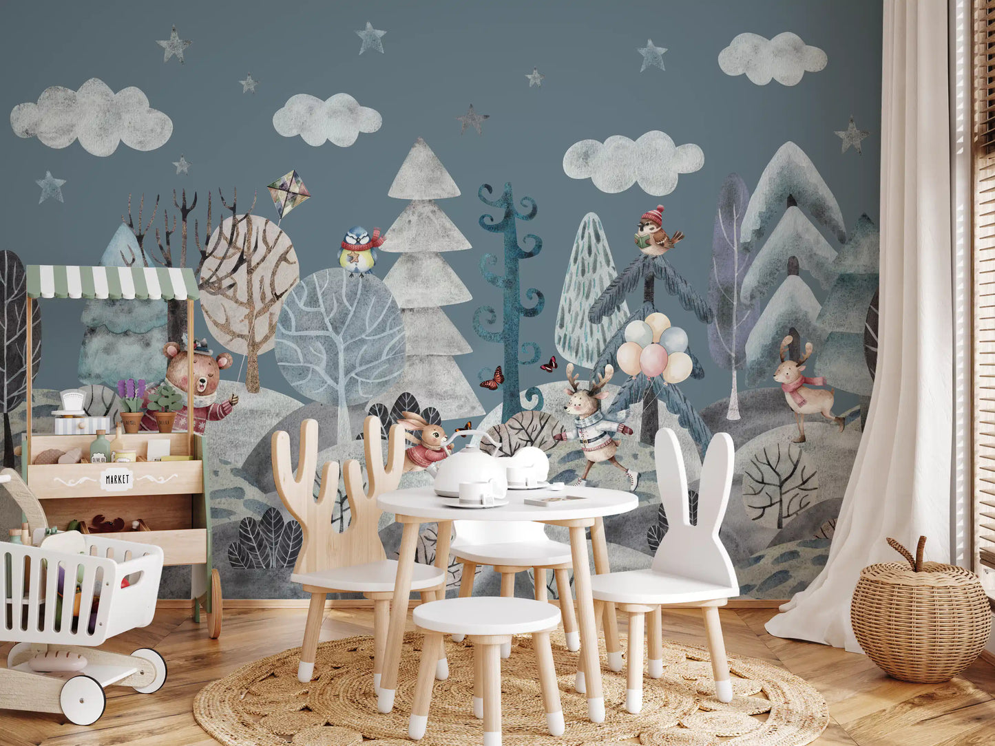 Small birds and a paper kite in the watercolour woodland wall mural., GD10183