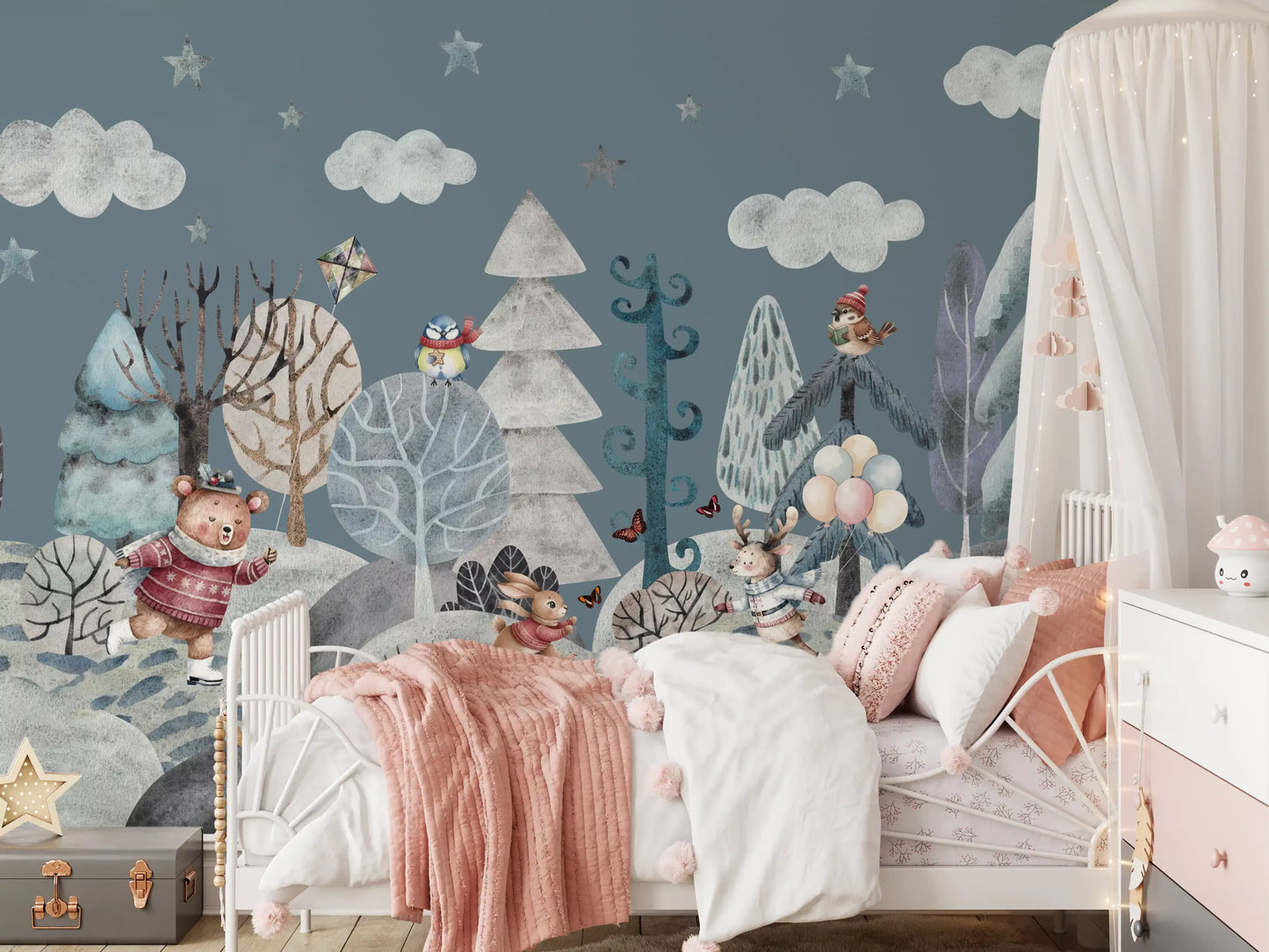 Rabbit running through frosted trees in the forest wall mural., GD10183