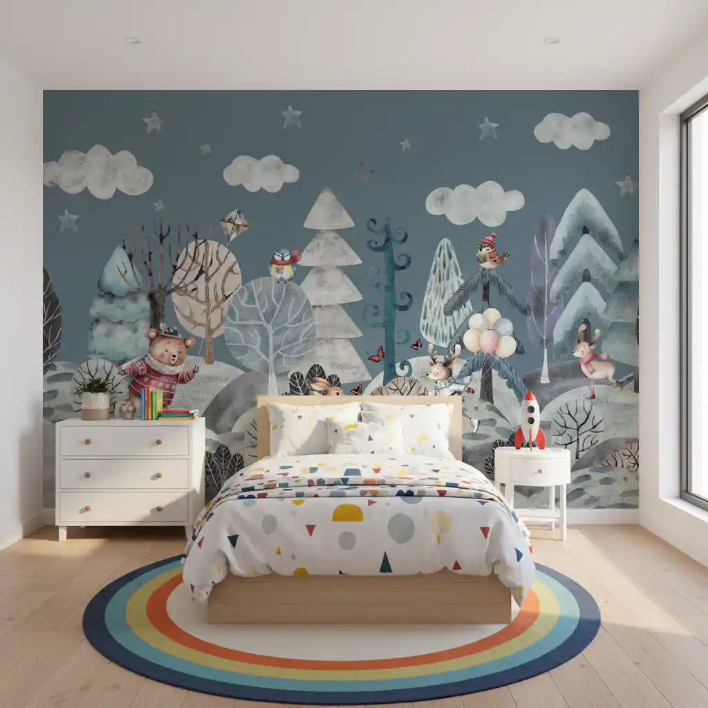 Wall mural with Frosted bare trees and fir shapes under a starry sky., GD10183