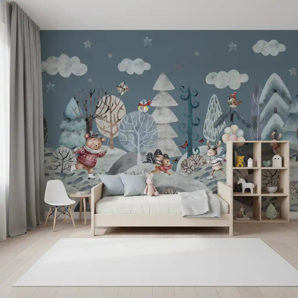 Snowy woodland animal mural on a toddler bedroom wall., GD10183