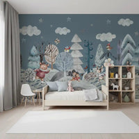 Snowy woodland animal mural on a toddler bedroom wall., GD10183