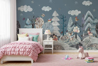 Bear in a knitted jumper skating in the winter woodland wall mural., GD10183