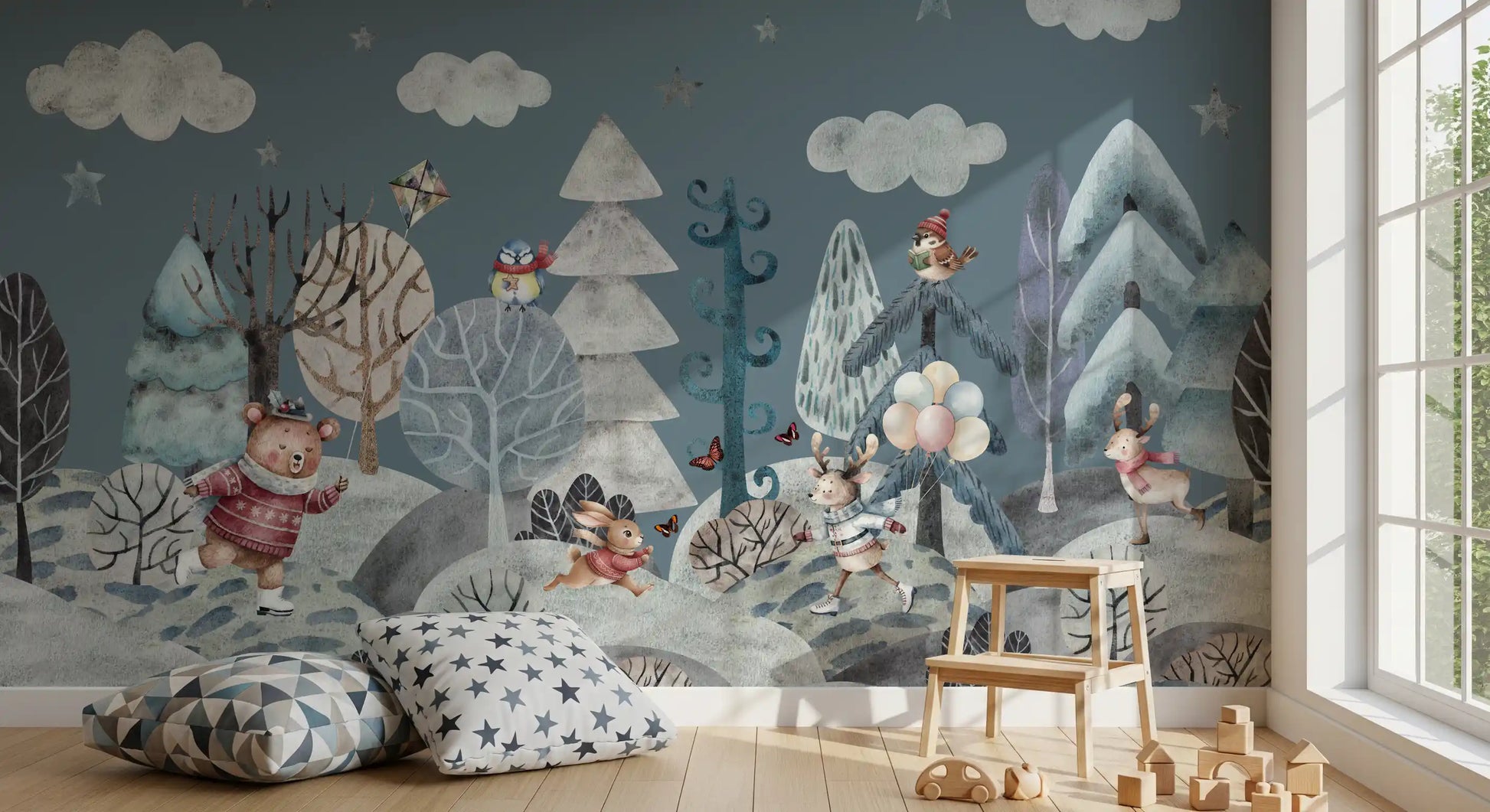 Cosy winter forest mural filling a kids playroom accent wall., GD10183