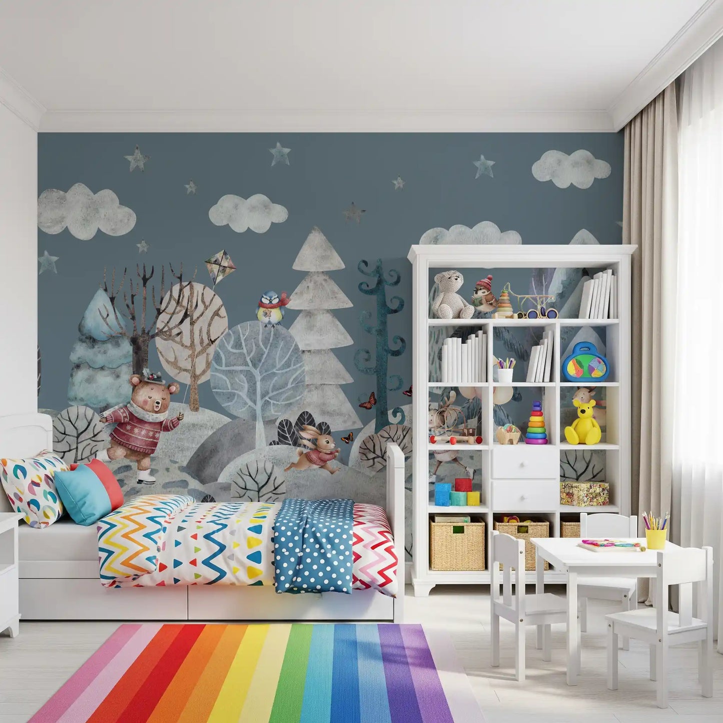 Deer holding pastel balloons among snowy hills wall mural., GD10183